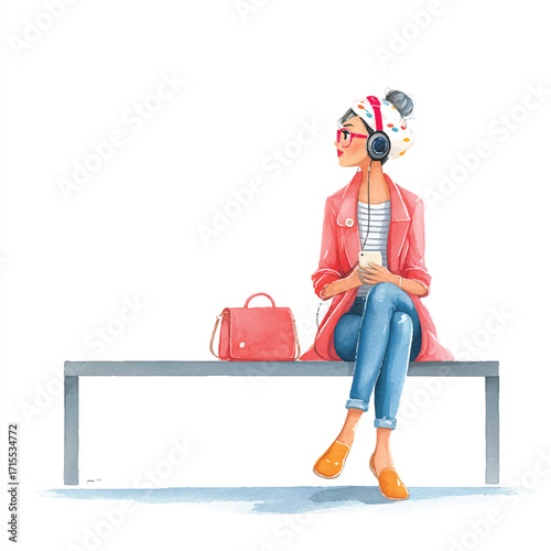 Young woman wearing headphones and a hijab sitting on a bench.