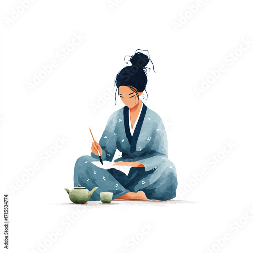 Young woman in traditional attire diligently writing with a brush in a serene setting.