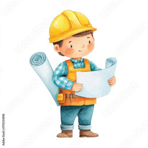Young construction worker carefully studying blueprints for a new project.