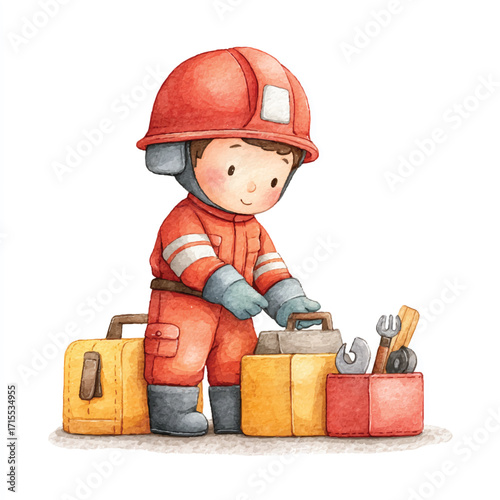 Young firefighter in uniform carefully examines tools for emergency situations.