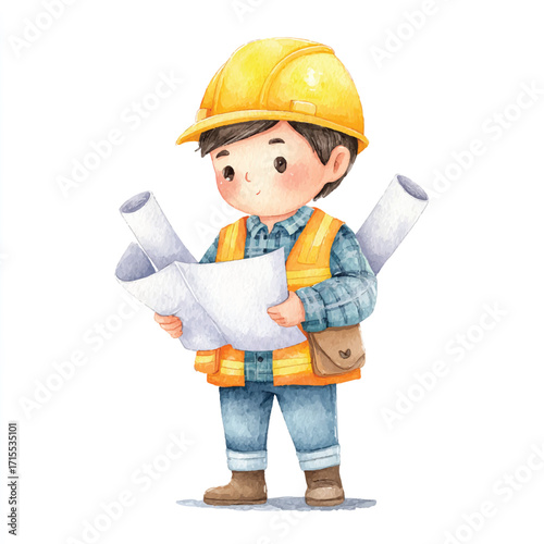 Young male construction worker reviewing blueprints.