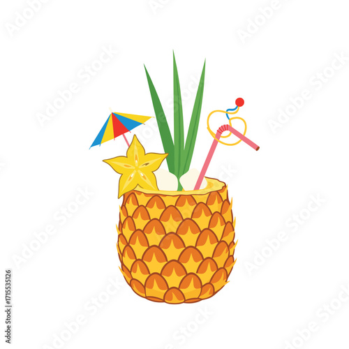 A refreshing tropical pineapple drink served in a pineapple garnished with star fruit and a small umbrella.
