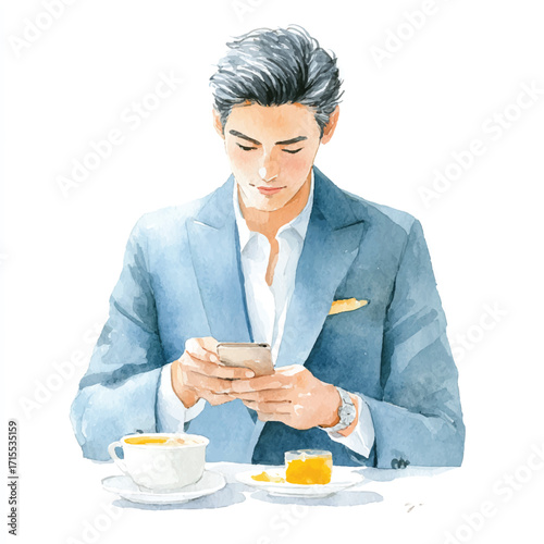 Young man in a blue suit using his smartphone at a table.