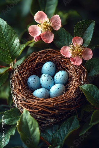 A bird's nest holds six blue speckled eggs. Pink flowers and green leaves surround the nest. AI.
