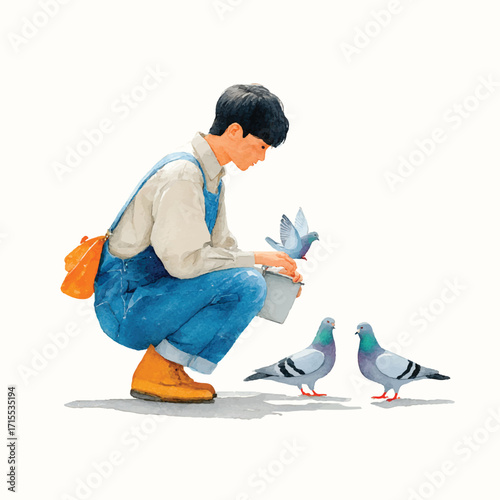 Young person in overalls feeding pigeons in a park.