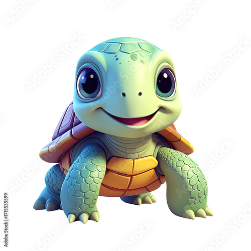 Cute cartoon turtle, light green shell, orange plastron, large eyes, happy expression