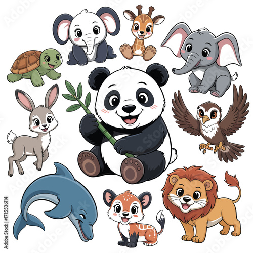 Cute cartoon animals collection including panda elephant giraffe dolphin lion