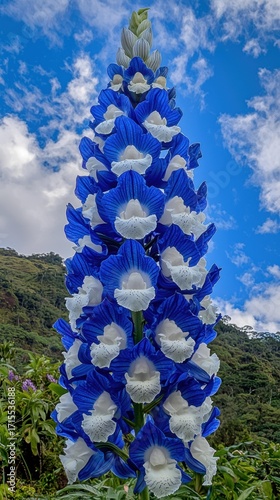 Tall flower stalk with blue and white petals against a sky with white clouds. Green hillside visible in background. AI.