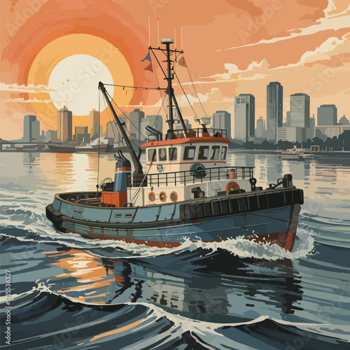 Fishing boat sails towards city skyline at sunset dramatic sky