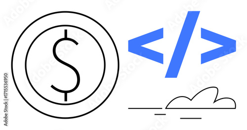Dollar sign within a circle, coding brackets, and cloud shape. Ideal for finance, technology, innovation, cloud computing, programming business strategy software development. Simple flat metaphor
