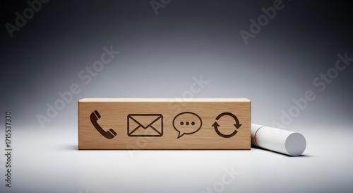 Contact us information on wooden block with phone, email, message and refresh icon
