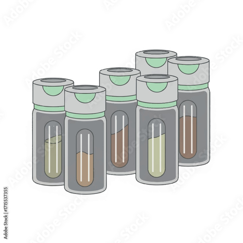 Illustration of six laboratory test tubes in gray holders with green accents, containing various colored liquids, on a white background.
