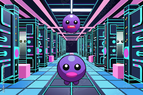 Vector art of a vibrant and whimsical digital illustration of two purple cartoon characters floating in a futuristic server room with neon lights and a blue tiled floor