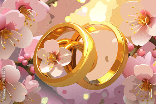 Vector art of a closeup of two intertwined gold wedding rings adorned with delicate pink cherry blossoms, symbolizing love, commitment, and the beauty of spring