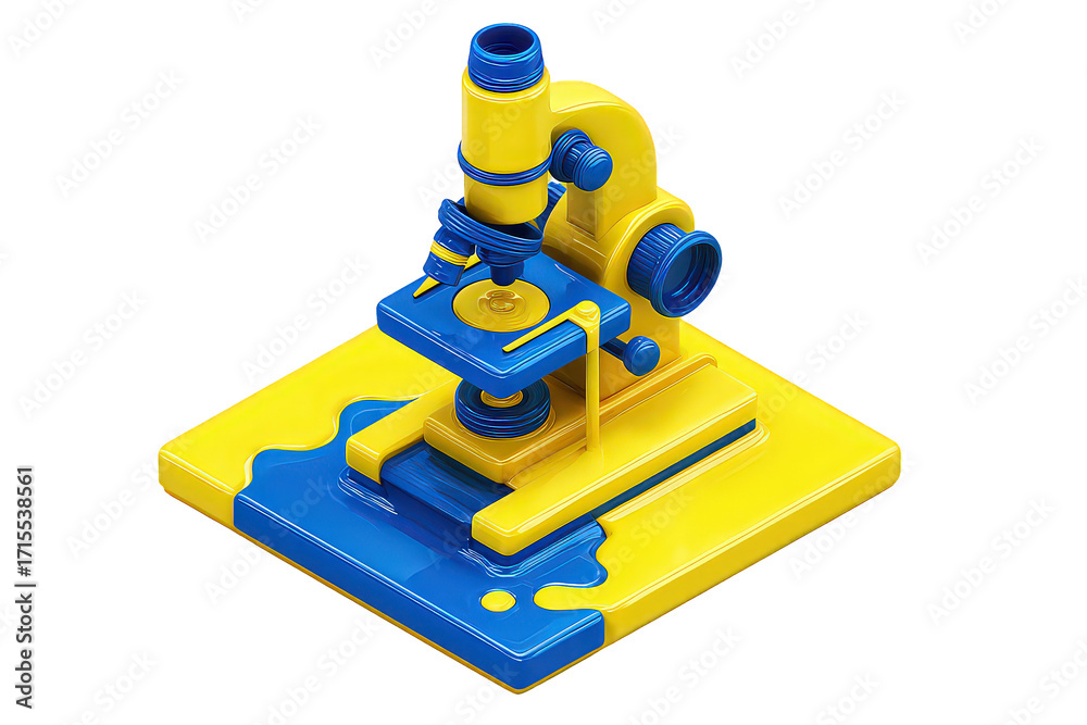 Fototapeta premium Isometric Yellow And Blue Microscope On A Dripping Base