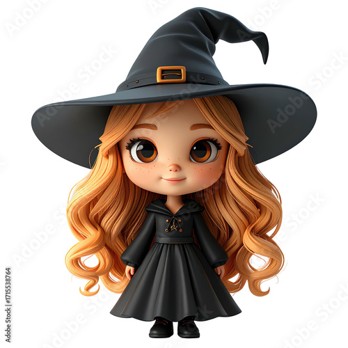 Cute witch girl with big eyes and blonde curly hair