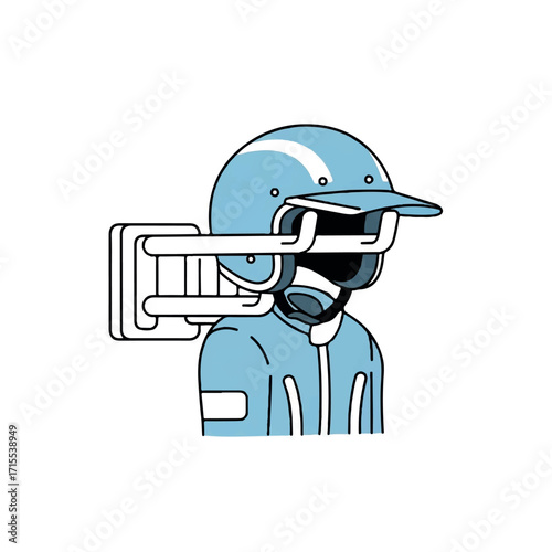 Illustration of a person wearing a blue helmet and jacket with a white device attached to their back on a plain white background.