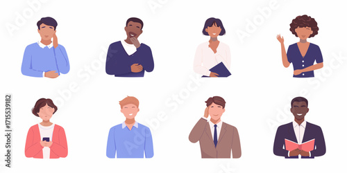 Diverse group of eight people in flat illustration style with various expressions and activities