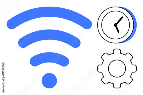 Blue wireless signal bars, a clock for time management, and a gear symbolizing automation. Ideal for technology, productivity, connectivity, IoT, process efficiency, digital tools and modern