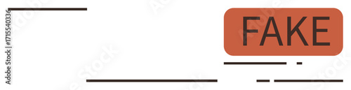 Red rectangular fake stamp on a clean surface, representing disinformation. Ideal for warnings, media literacy, content moderation, fake news, cybersecurity, truth verification, simple flat metaphor