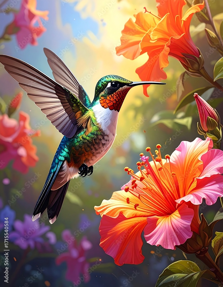 Fototapeta premium A vibrant hummingbird hovers amidst a profusion of colorful hibiscus flowers, bathed in the warm glow of sunlight.