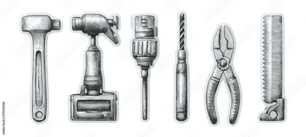 Fototapeta premium Collection of Hand Tools in Shades of Gray on Isolated Transparent Background