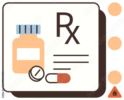 Medicine bottle, RX symbol, tablet, capsule on minimal background. Ideal for healthcare, pharmacy, prescription, medical advice drug safety pharmaceutical concepts pharmaceutical branding. Clean