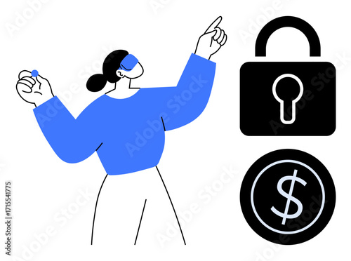Person gesturing with ideas next to lock and dollar icons, symbolizing financial protection, innovation, security, and digital transactions. Ideal for fintech, banking, cybersecurity, finance