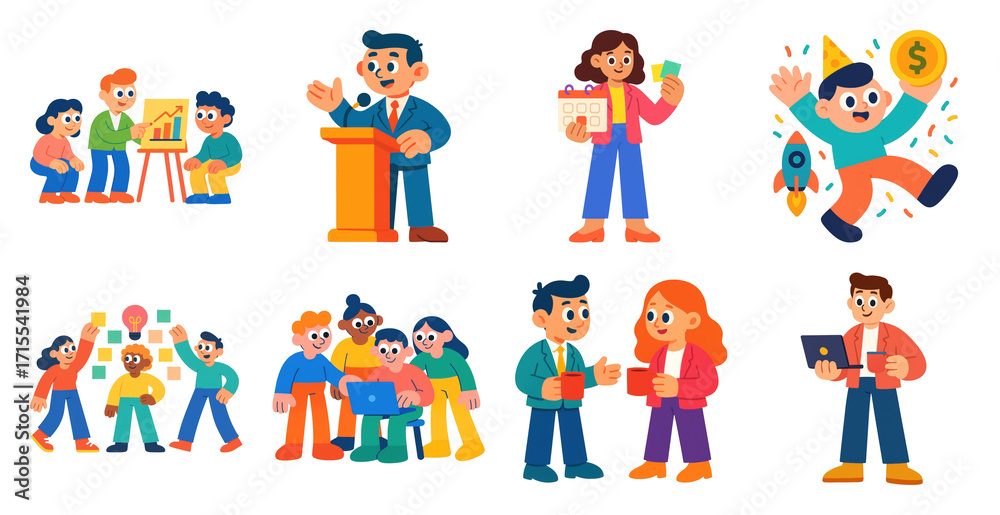Fototapeta premium PNG Colorful business cartoon illustrations, element set on transparent background