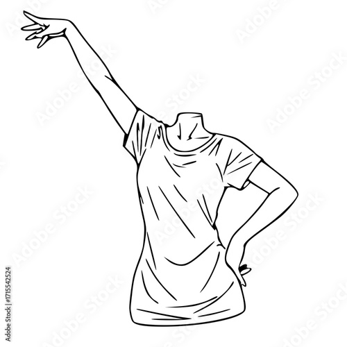 Line drawing of a headless person wearing a t-shirt, with one arm raised and the other on hip.