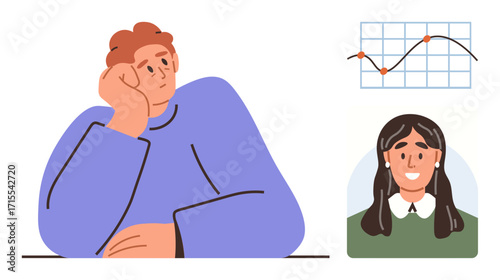 Man resting his head in hand, thinking while participating in a video call with a woman and analyzing a plotted graph. Ideal for work, analysis, brainstorming, remote work, decision-making, virtual