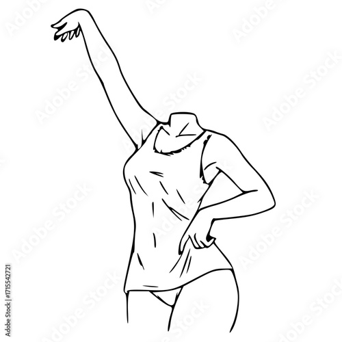 Line art illustration of a headless woman in a tank top and underwear, posing with one arm raised and the other on her hip.