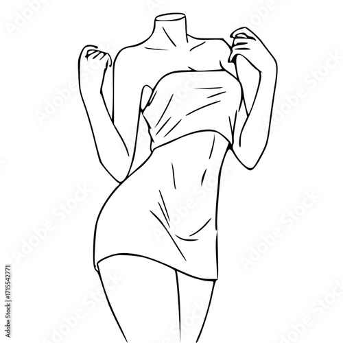 Line art illustration of a headless woman's torso wrapped in a towel, posing with hands near her shoulders.