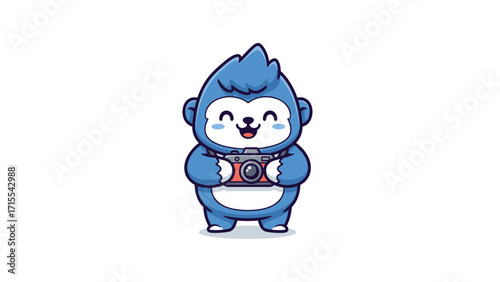 Cartoon Character Photographer Holding a Camera, Happy Pose, Cute Illustration in a Studio Setting, Cheerful Design