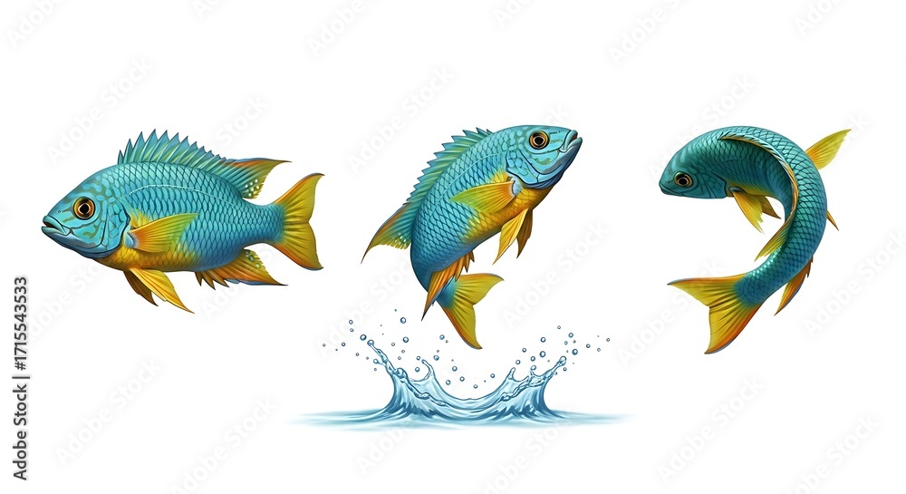Fototapeta premium Three Blue and Yellow Fish Leaping from Water Illustration.