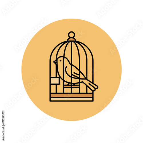 Canary bird in a vintage cage simple line symbol, an isolated pet shop vektor icon for web and print