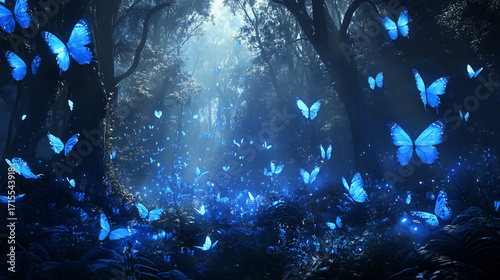 A magical forest scene with glowing blue butterflies fluttering around the trees, creating a whimsical and enchanting atmosphere in the woods