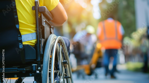 Wallpaper Mural A person in a wheelchair is being assisted by construction workers, highlighting accessibility and support in the workplace environment outdoors Torontodigital.ca