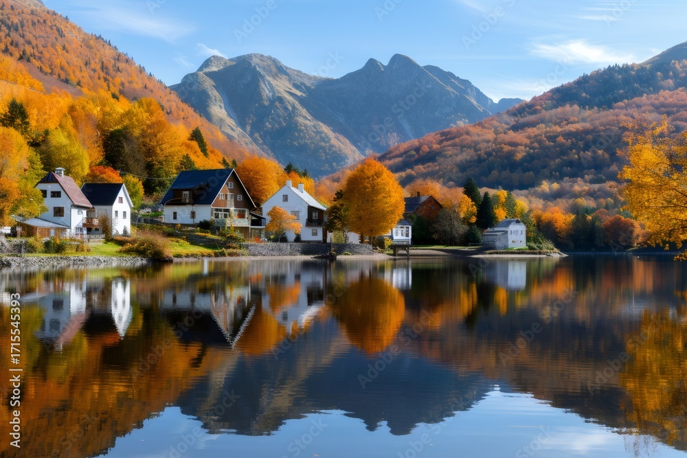 Fototapeta premium Houses reflecting on a lake during autumn in the Pyrenees mountains