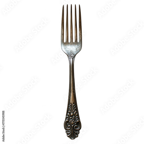 Elegant antique silver fork with ornate decorative handle featuring floral motifs isolated on transparent background