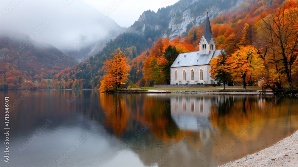 Fototapeta premium Church reflecting on Lake during a misty autumn day