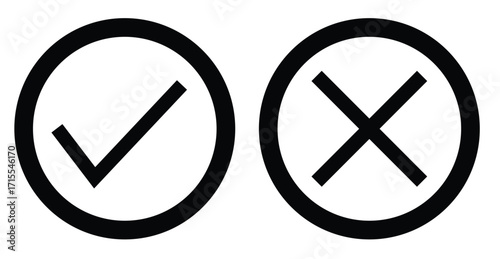 Set of black checkmark, black cross, x mark icon, flat rounded right and wrong sign concept vector illustration. tick mark symbol and x cross icon.