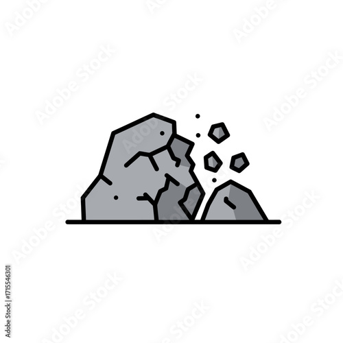 Dynamic rockfall symbol icon, vector illustration of a crumbling stone mass, suitable for geological hazard warnings, mining illustrations, or construction safety graphics