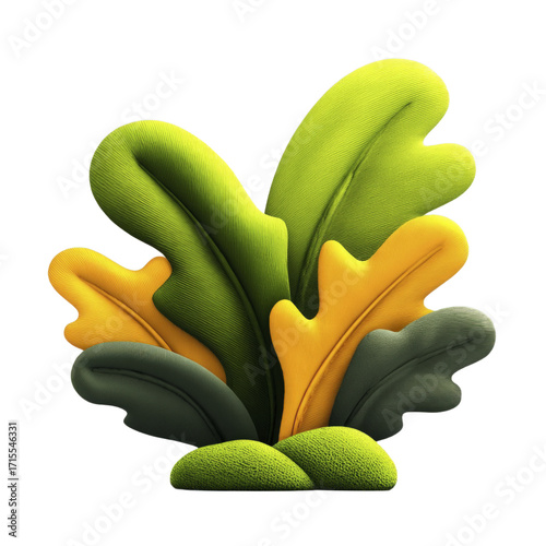 Stylized 3D rendering of lush green and yellow leaves with textured surfaces on a dark background