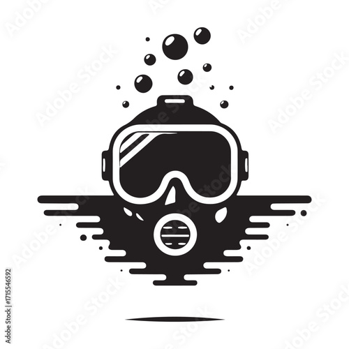 diving helmet on the ocean floor with bubbles vector silhouette outline logo design concept illustration