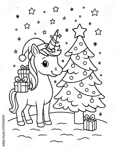 christmas unicorn coloring page black outline illustration with santa hat gifts and decorated tree stars background concept of holiday kids activity festive crafts education