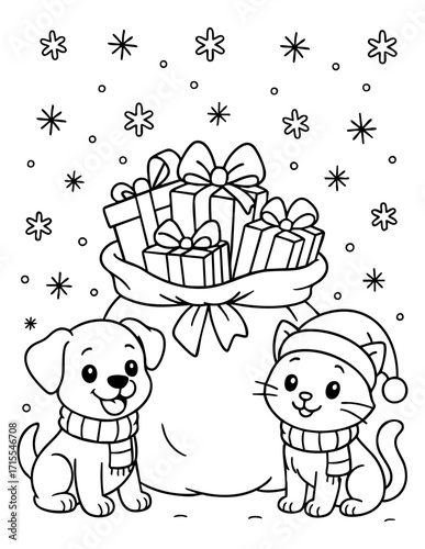 christmas coloring page with cat dog and gift bag festive black and white outline illustration concept of holiday kids activity seasonal craft and decoration