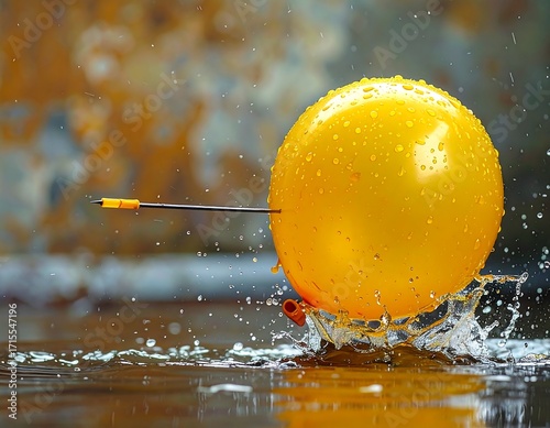 A yellow balloon punctured by a pin, splashing water