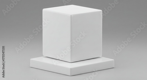 White cube on a white square base against a gray background.