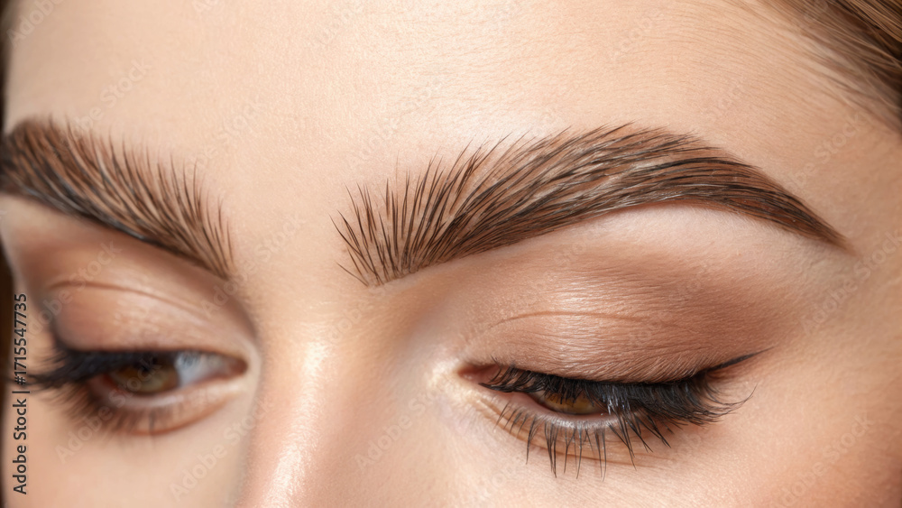 Naklejka premium Microblading eyebrow creates natural-looking brows. Close-up of a woman's eyebrow and eye showcasing detailed makeup and natural beauty.